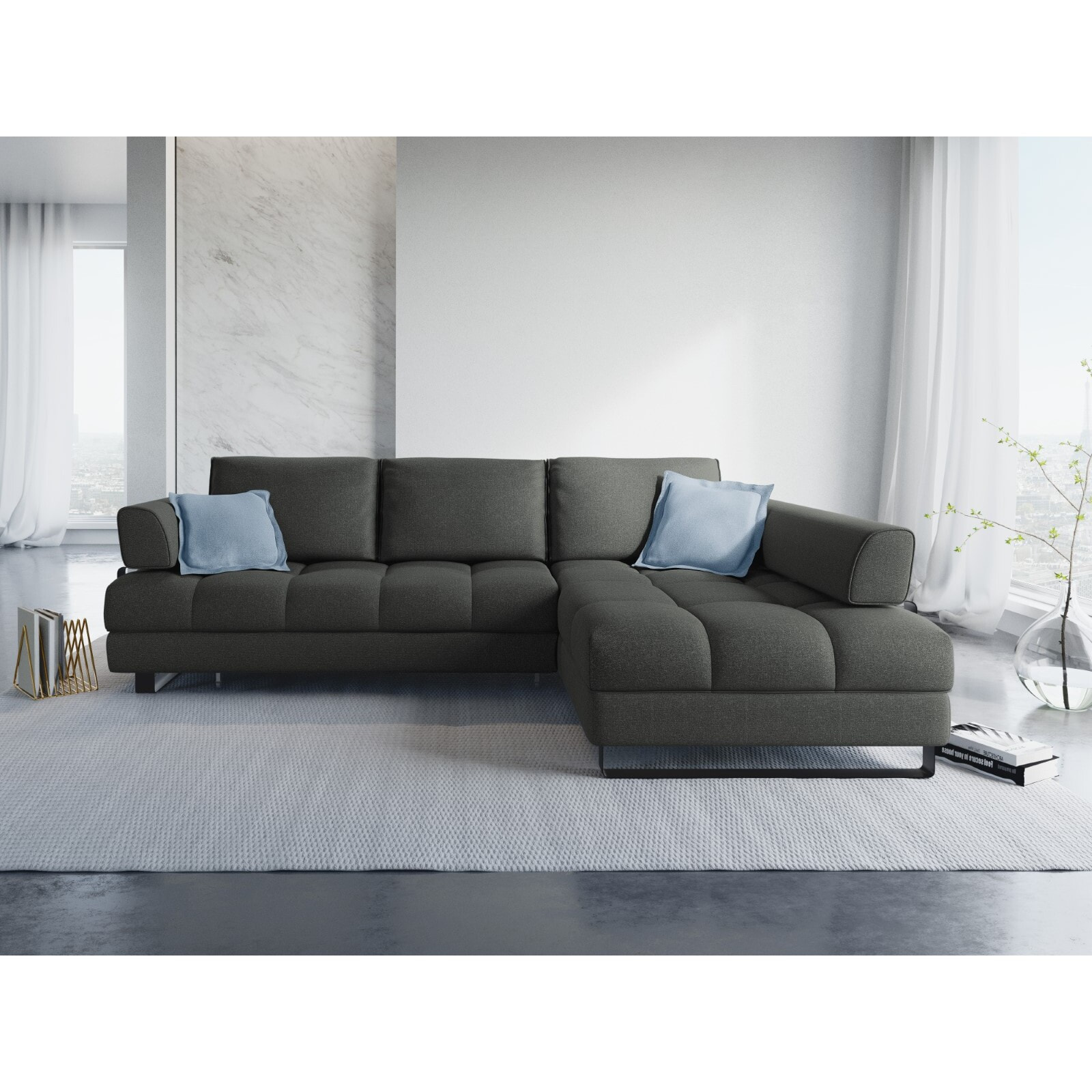 Canapé d'angle droit convertible avec coffre de rangement "Clinton" 5 places en tissu structurel gris foncé