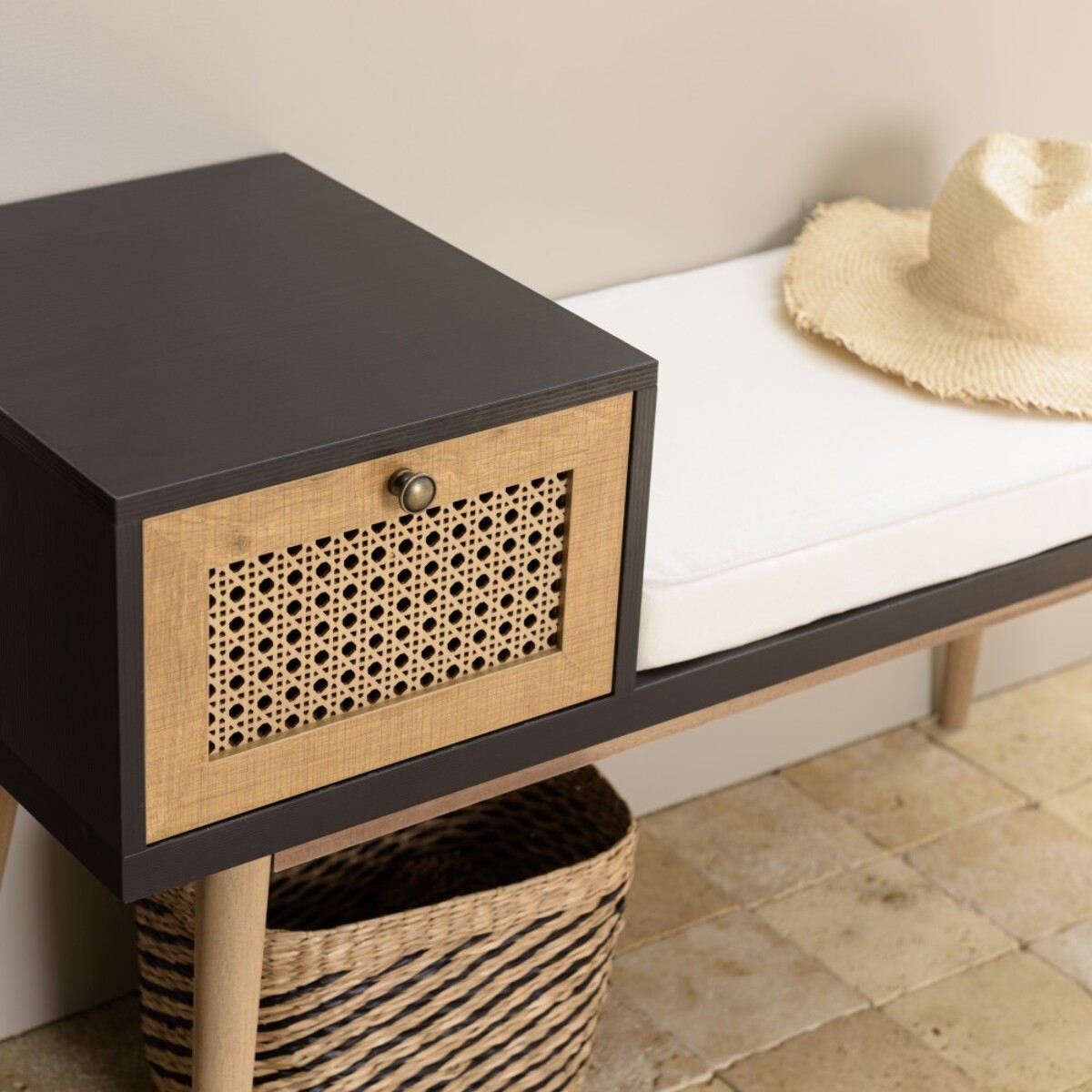 CHARLIE - Banc assise noire 1 tiroir effet cannage marron