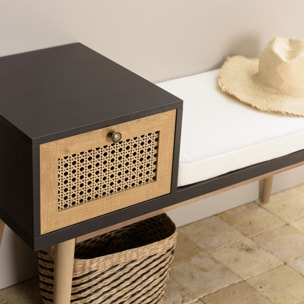 CHARLIE - Banc assise noire 1 tiroir effet cannage marron