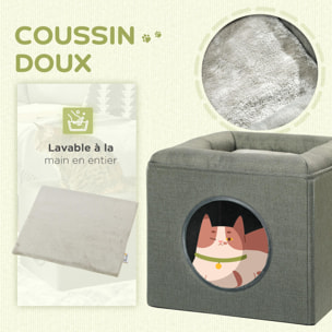Panier chat pouf 2 en 1 - coussin amovible lavable - MDF PVC tissu aspect lin vert de gris