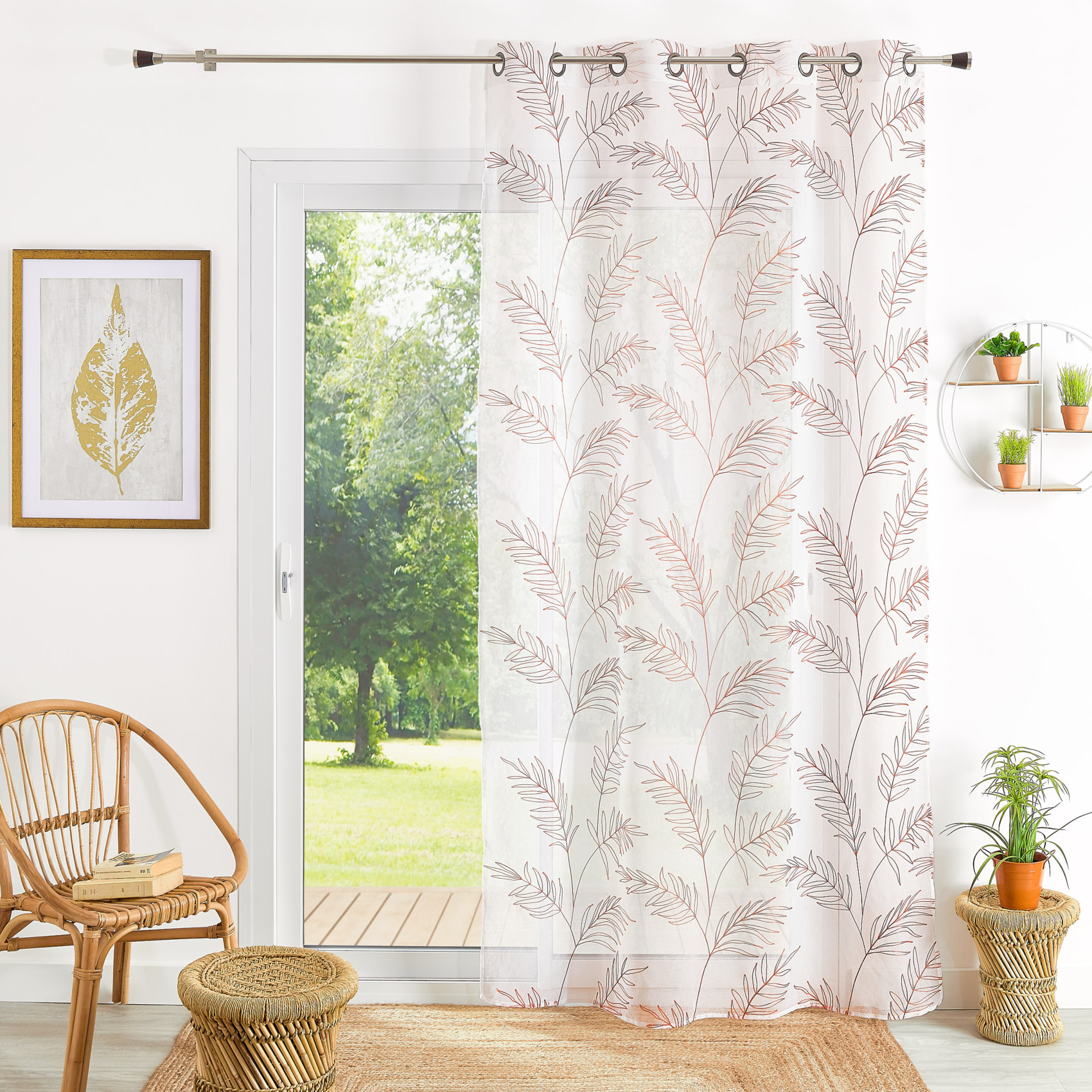 Voilage brodé motif feuilles - Terracotta