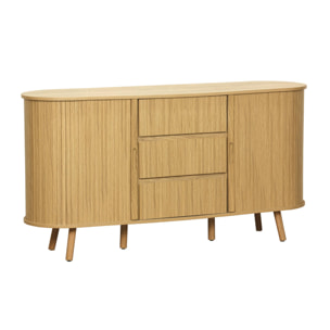 Buffet scandinave ovale 2 portes coulissantes. 4 compartiments. 3 tiroirs. effet bois rainuré. teinte naturelle. L 150 x P 40 x H 79cm