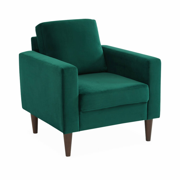 Fauteuil scandinave en velours vert anglais - Bjorn - Canapé 1 place fixe droit pieds bois d'hévéa effet bois de noyer