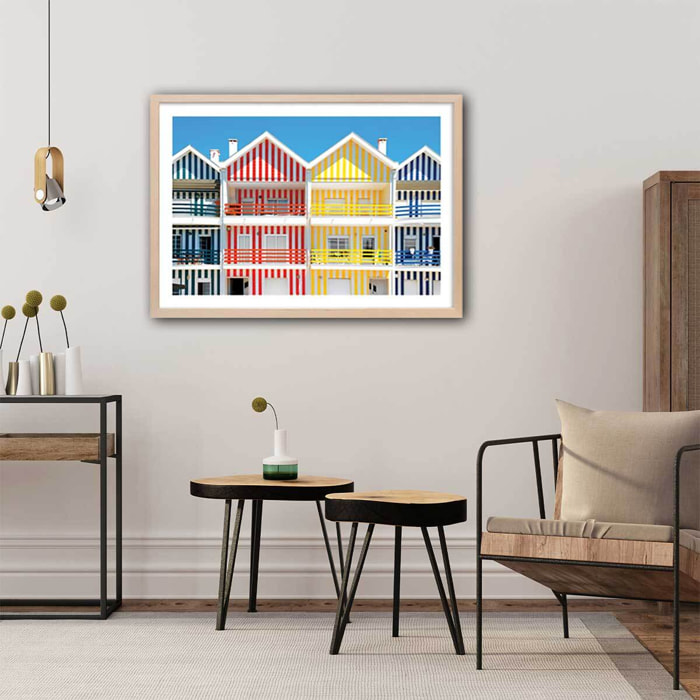 Affiche welcometoportugal houses of striped colors Affiche + cadre en bois - Chêne