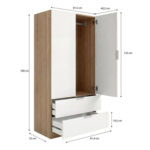 Armario de 2 puertas y 2 cajones en blanco artik y roble canadian 81,5x180 cm Lark Blanco Artik (Blanco Mate) - Roble Canadian