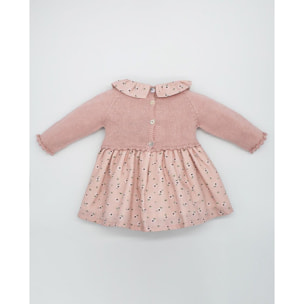 VESTIDO COMBINADO PUNTO Y VIELLA FLOR ROSA BEBÉ