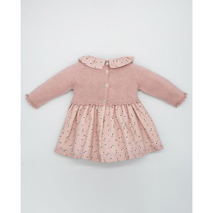 VESTIDO COMBINADO PUNTO Y VIELLA FLOR ROSA BEBÉ