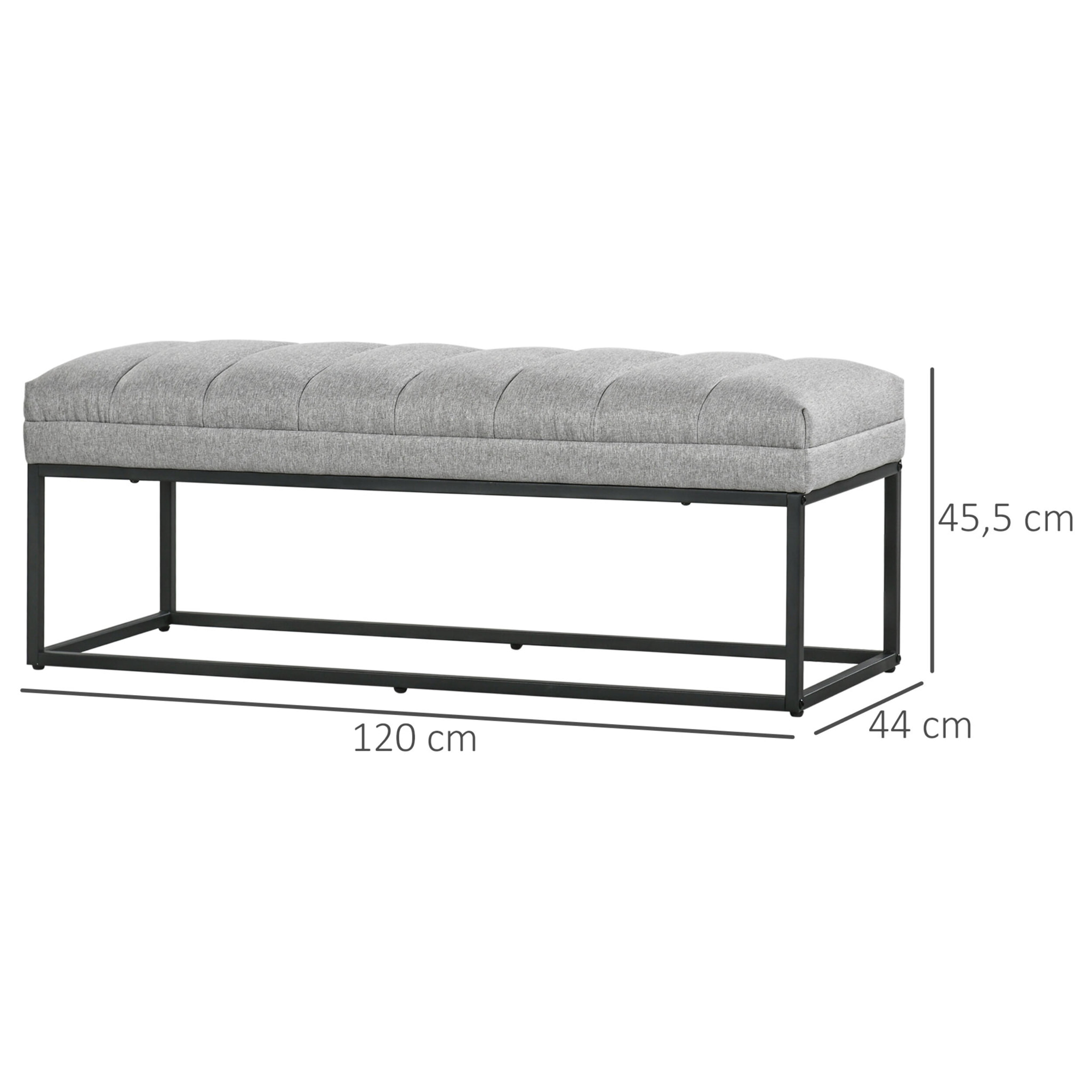 Banc bout de lit épais coussin matelassé grand confort acier noir tissu toucher lin gris clair