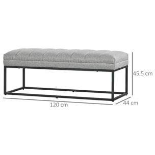 Banc bout de lit épais coussin matelassé grand confort acier noir tissu toucher lin gris clair