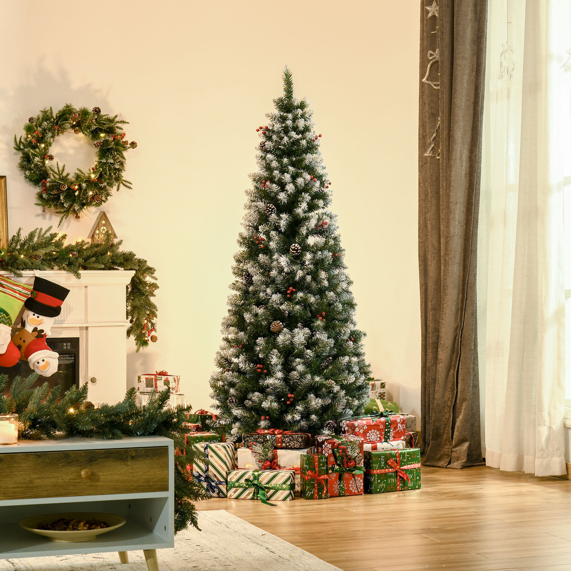 HOMCOM Albero di Natale Innevato Artificiale con Pigne Bianche Base Rimovibile Pieghevole 180cm - Verde