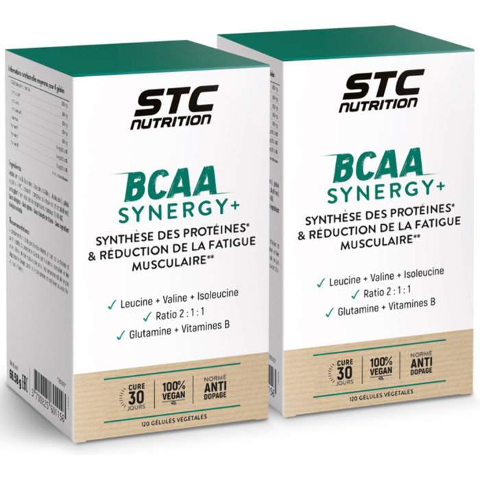 STC NUTRITION - BCAA Synergy+ - Complément alimentaire riche en acides aminés branchés - Augmente la résistance à l'effort - Réduit la fatigue musculaire - Limite les courbatures - Lot de 2 piluliers