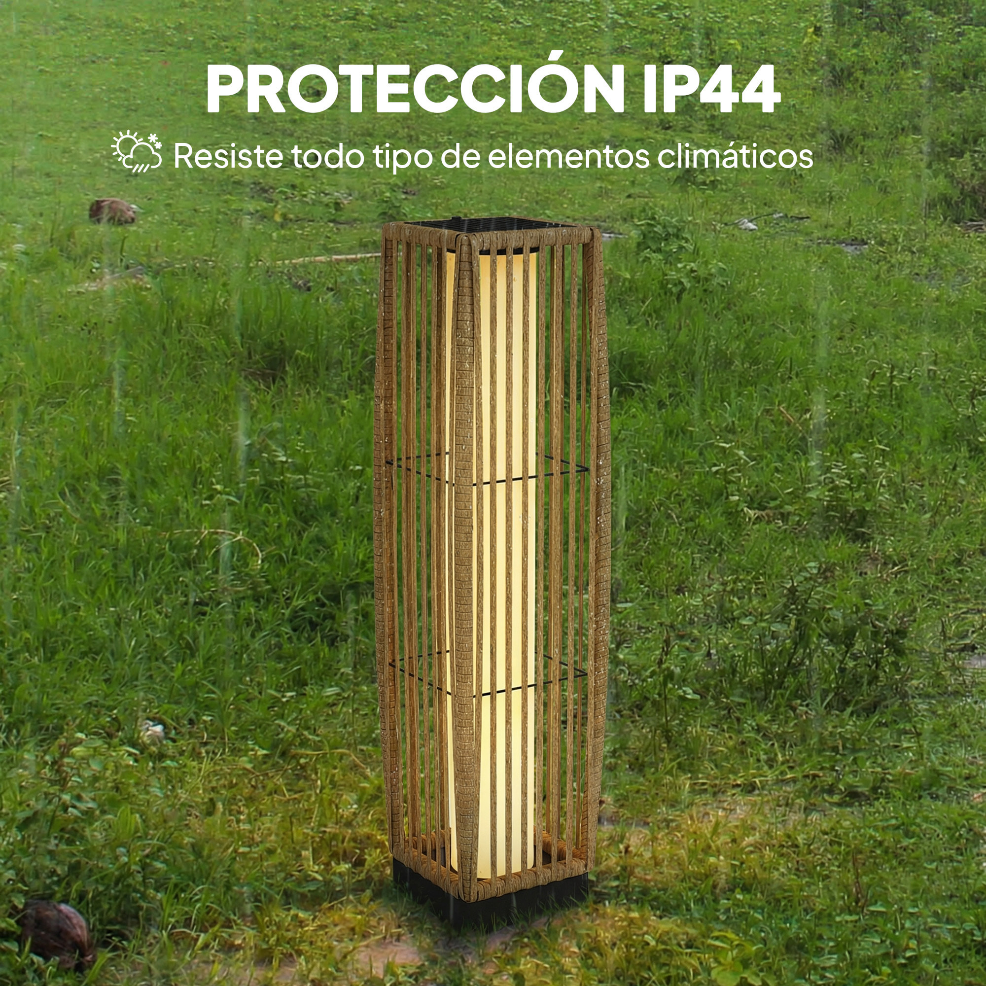 Linterna de Jardín de Ratán, Farola Solar Exterior con Luces LED Encendido y Apagado Automático, Impermeable, IP44, Lámpara de pie para Terraza, Balcón, Patio, 19x19x68 cm, Arena