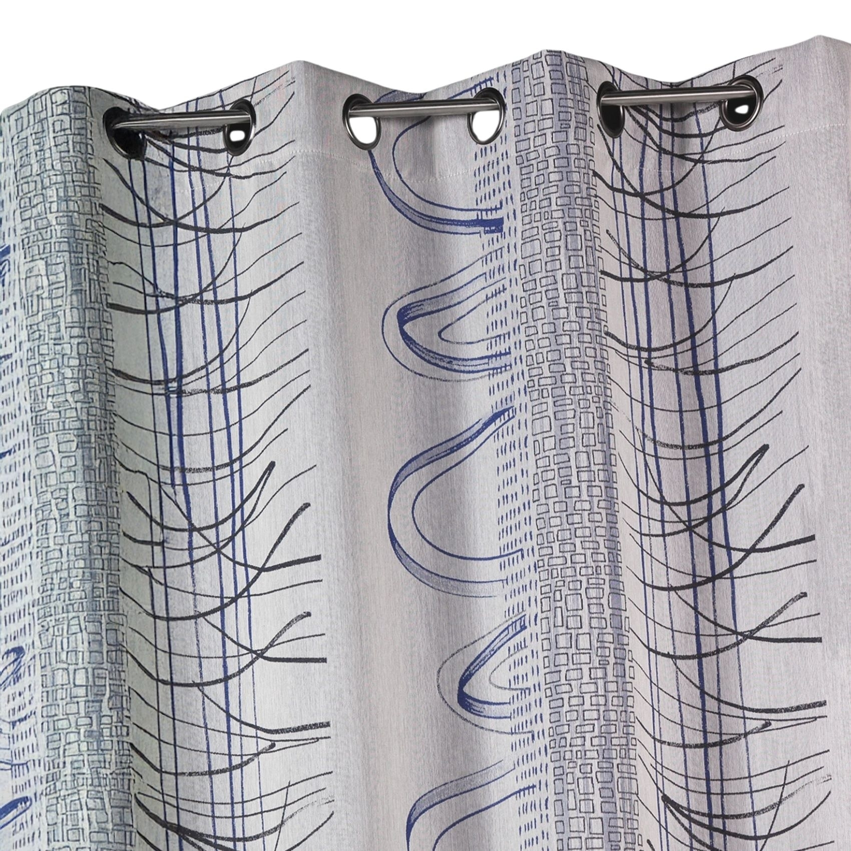 Rideau en jacquard à rayures verticales aux imprimés graphiques - Bleu