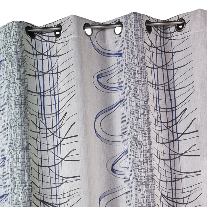 Rideau en jacquard à rayures verticales aux imprimés graphiques - Bleu