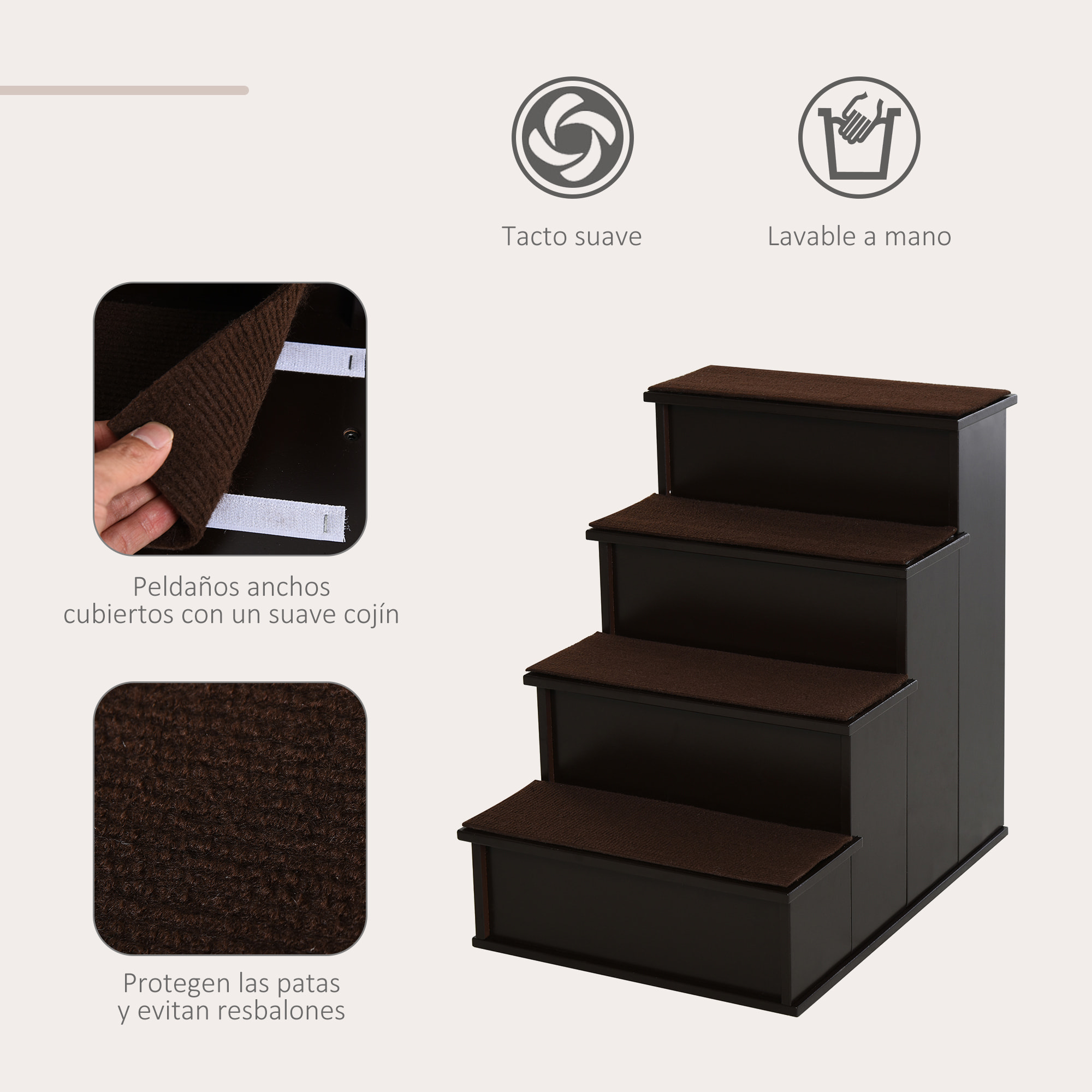 Escalera para Perros de 4 Peldaños Escalera para Mascotas Escalones para Perros Gatos con Acolchados Desmontables Carga 30 kg para Cama Sofá 40x59x54,2 cm Marrón Oscuro