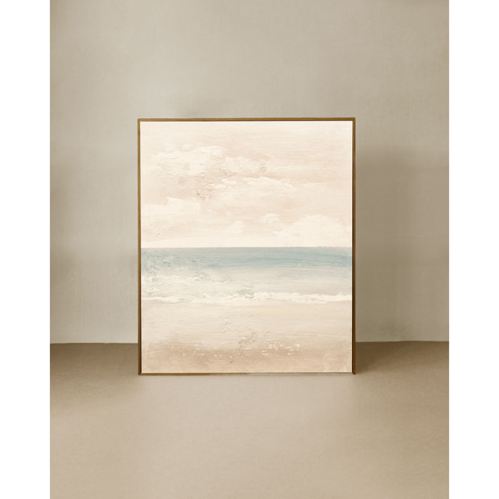 Tableau beige et bleu décoratif sur coton avec cadre en bois peint à la main à la peinture à l'huile en différentes tailles