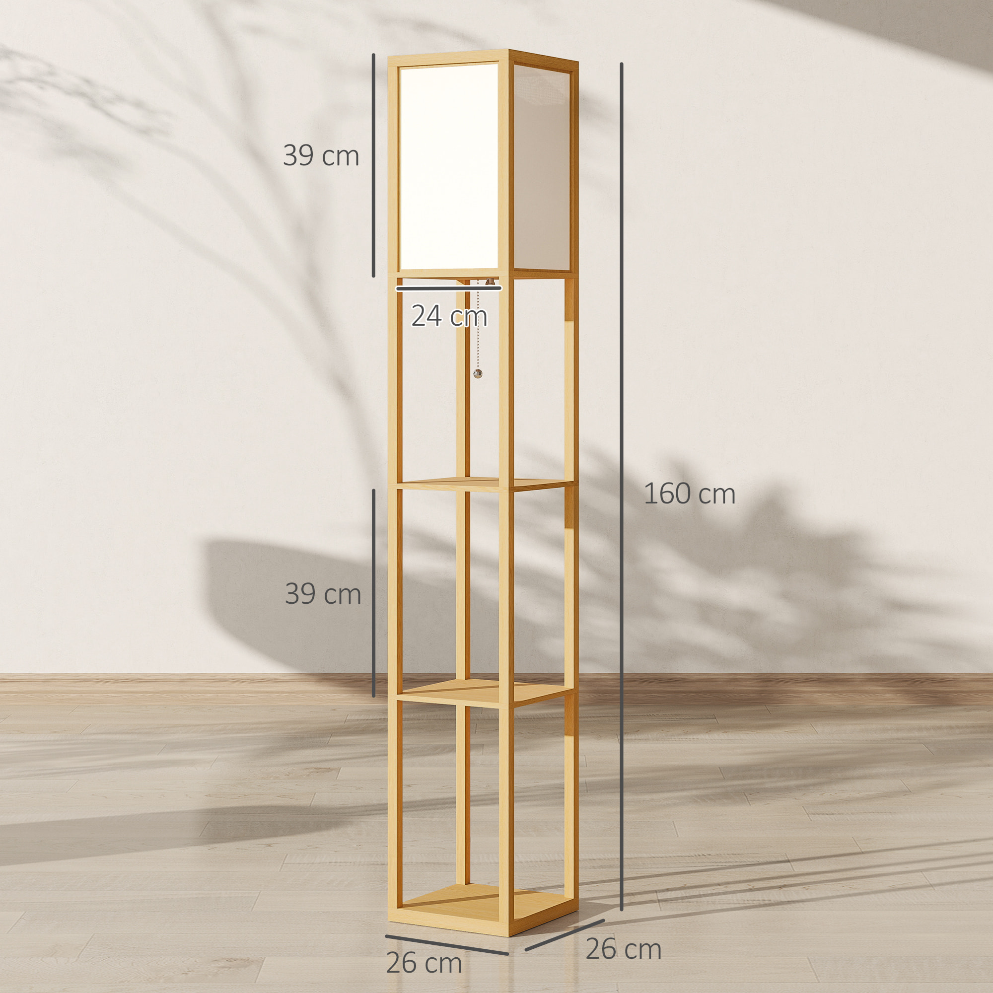 Lámpara de Pie con Estantes de Almacenaje, Lámpara de Madera Moderna, Bombilla E27, para Salón, Dormitorio, Oficina, Natural