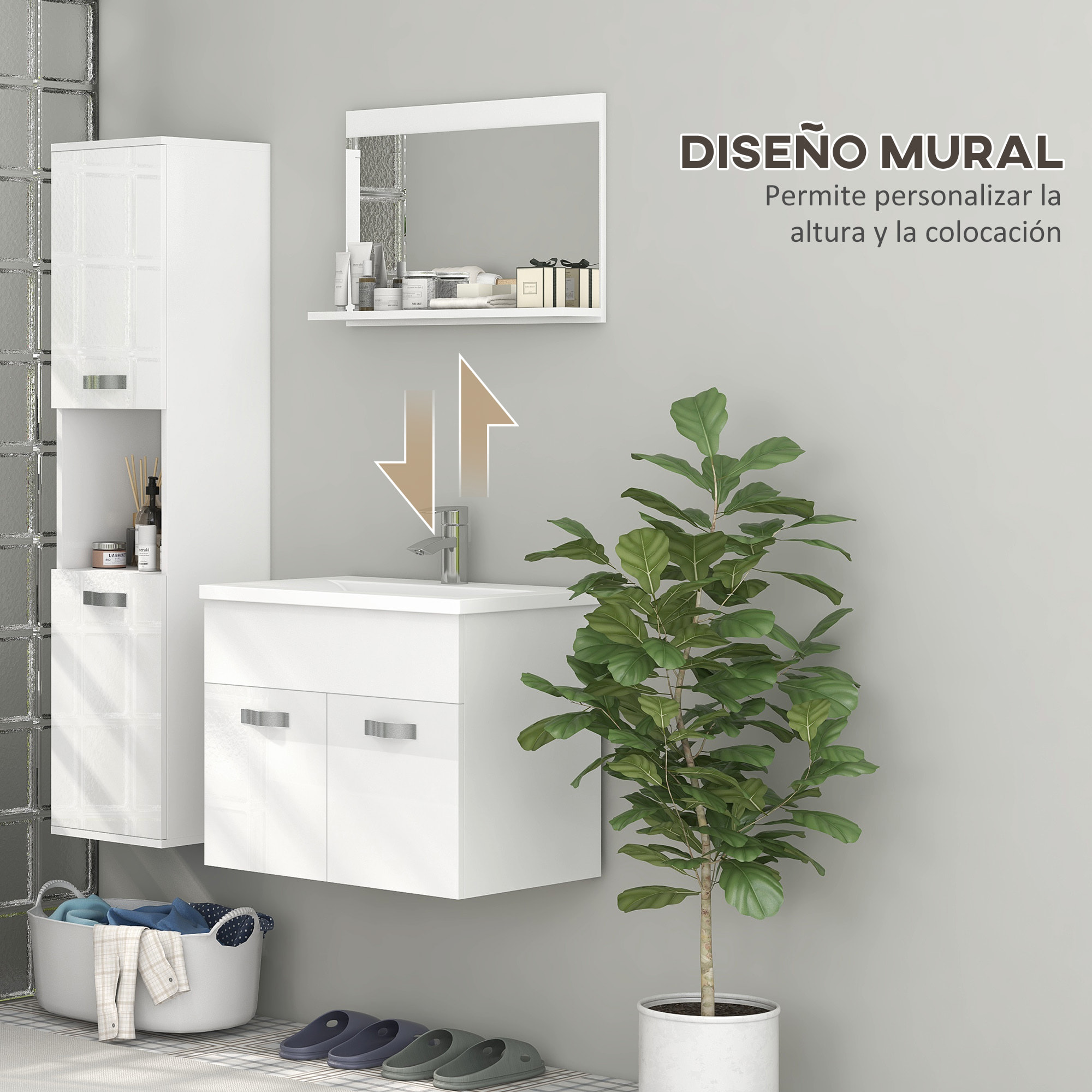 Muebles de Baño con Lavabo y Espejo Columna de Baño Conjunto de Muebles de Baño de Pared de 3 Piezas Estilo Moderno Blanco