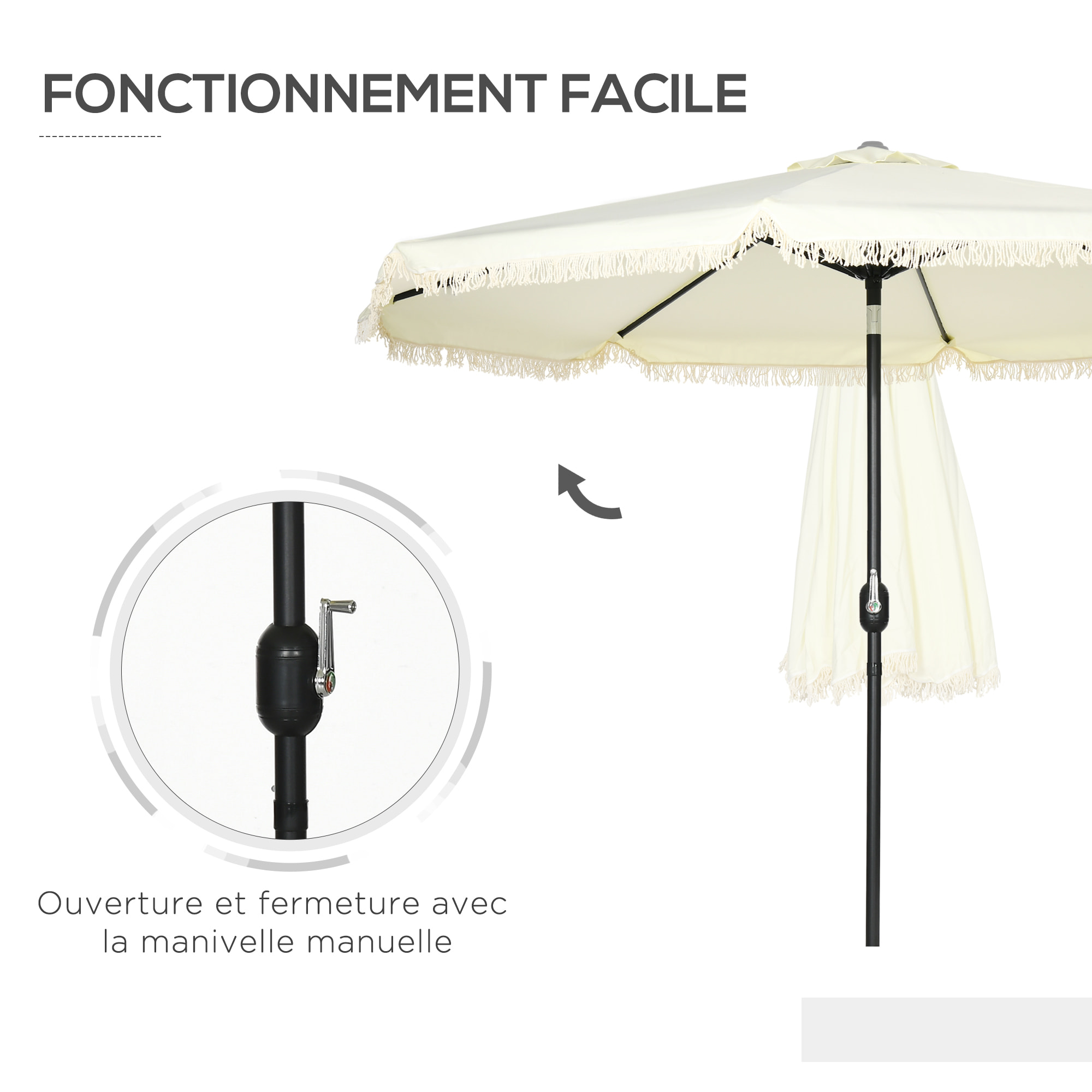 Parasol octogonal inclinable Ø 2,68 x 2,32H m mât acier noir polyester haute densité 180 g/m² crème