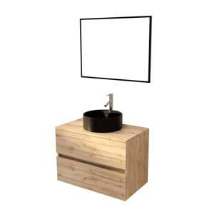 Meuble Salle de Bains 80cm 2 Tiroirs Chêne Naturel + Vasque Ronde Noire 41cm et Miroir 60x80cm