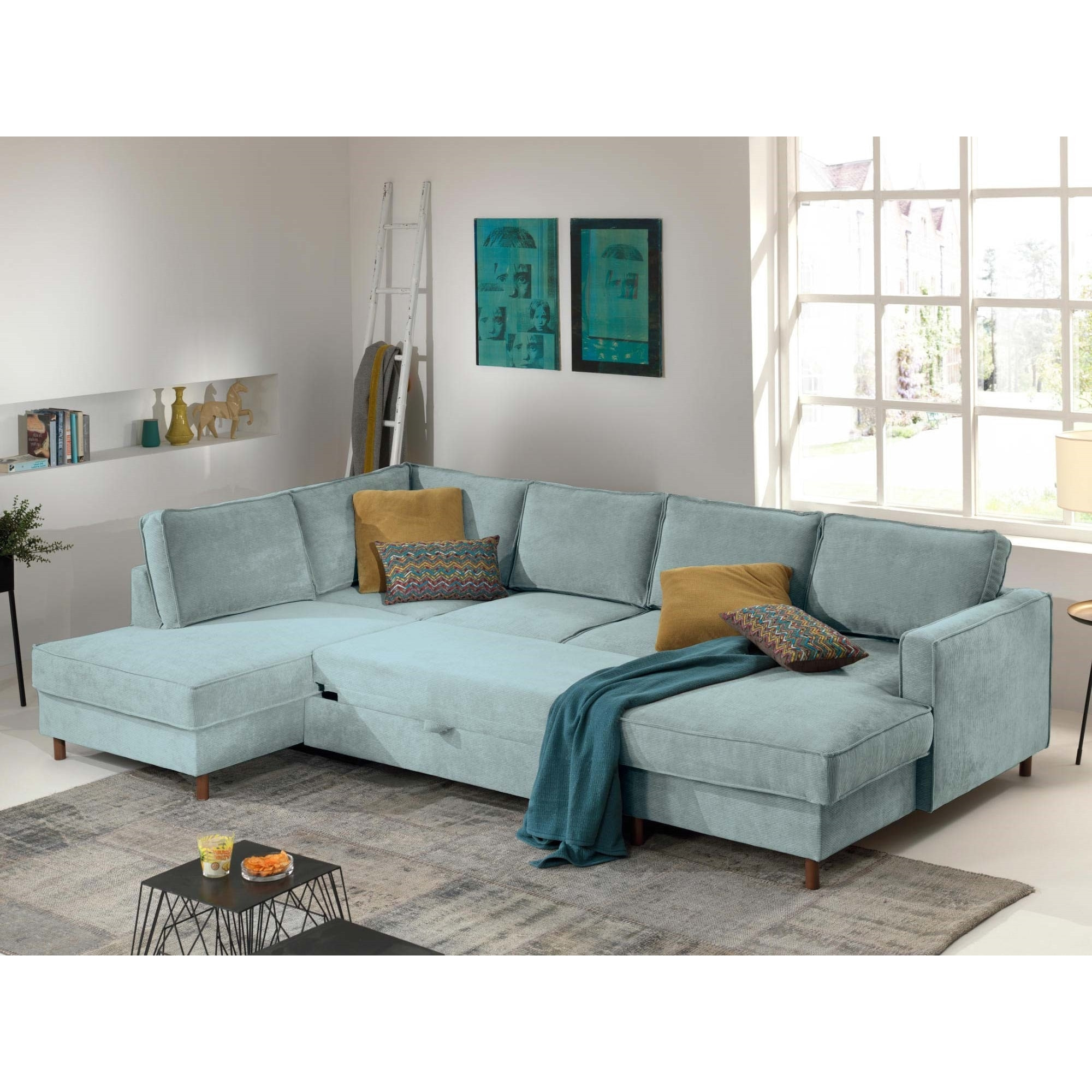 Jake - canapé panoramique d'angle gauche - convertible avec coffre - 7 places - en velours côtelé - Bleu