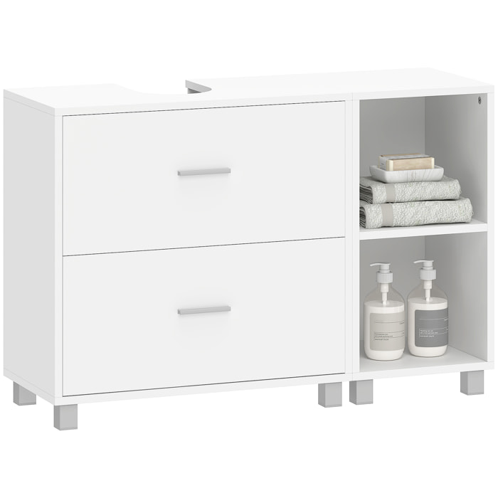 Mueble Bajo Lavabo, Mueble de Baño con 2 Cajones y 2 Estantes Abiertos, Estilo Moderno, para Lavabo con Pedestal, 90x30x60 cm, Blanco