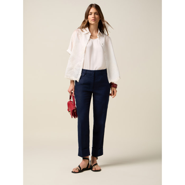 Oltre - Chinos in lino con risvolto - Blu