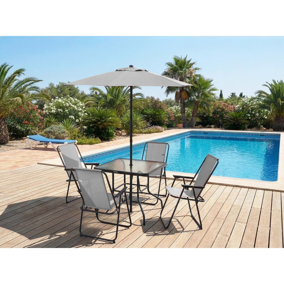 Table et chaises de jardin avec parasol en métal "Convivia" - 4 places - Gris clair