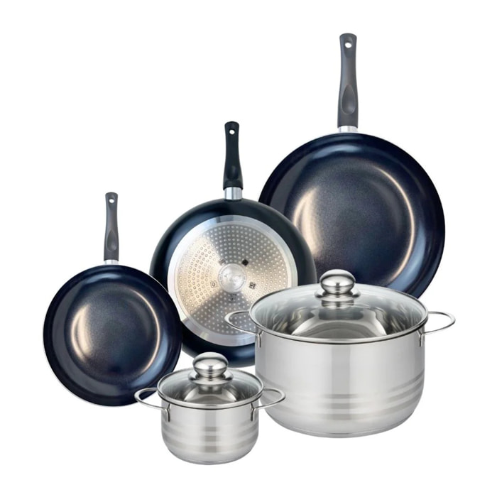 Ensemble de 3 Poêles de cuisson 20, 24 et 28 cm et 2 faitouts 14 et 24 cm Elo Prima Brillant