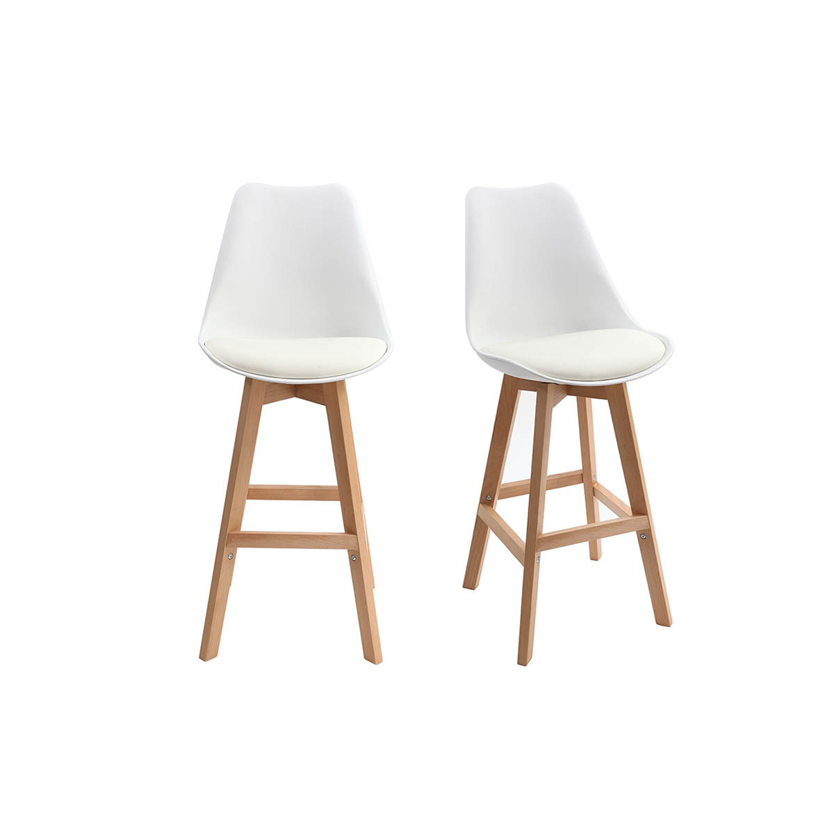 Tabourets de bar design blanc et bois H65 cm (lot de 2) PAULINE