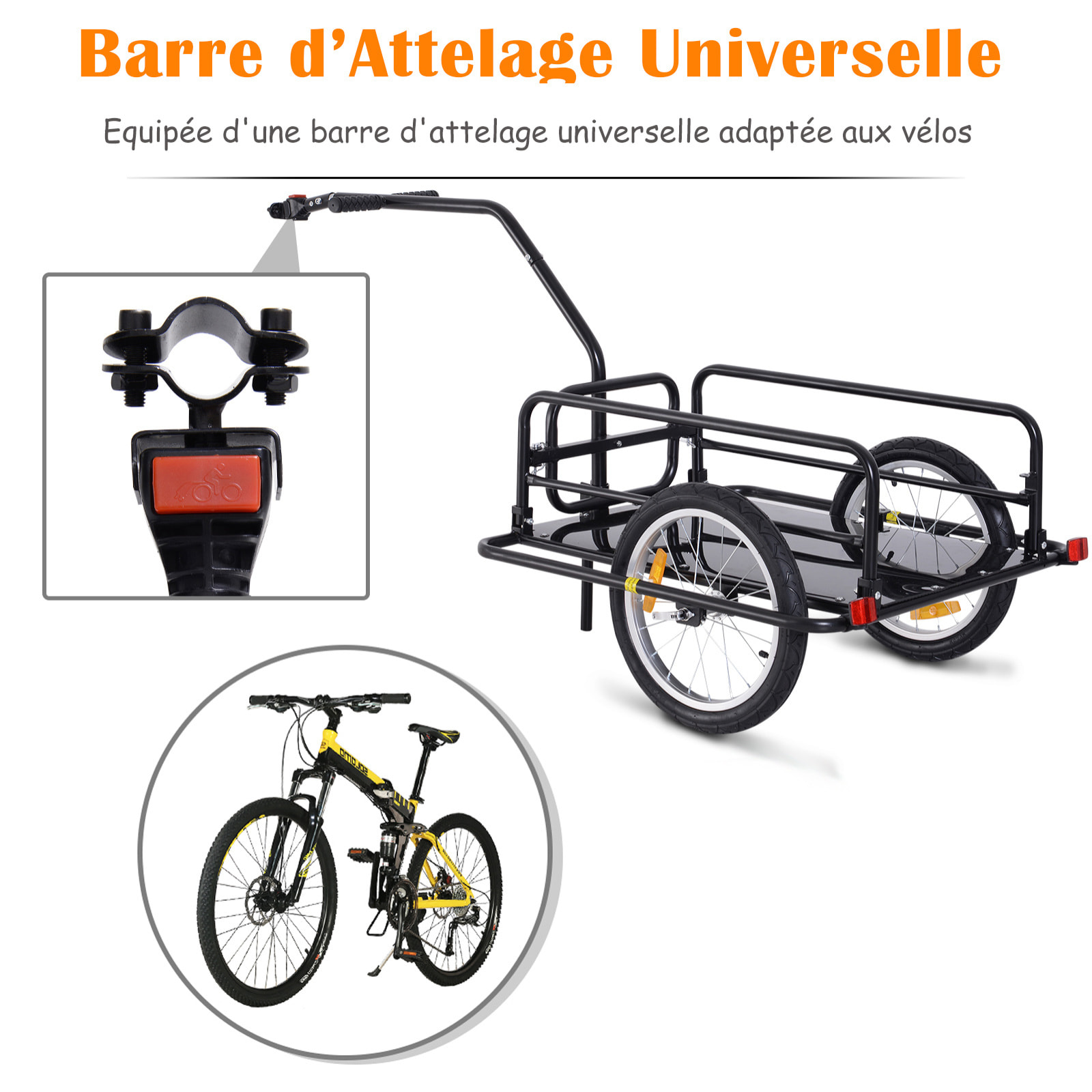 Remorque vélo remorque de transport pour vélo 155L x 71,5l x 77H cm barre d'attelage universelle pliable acier noir