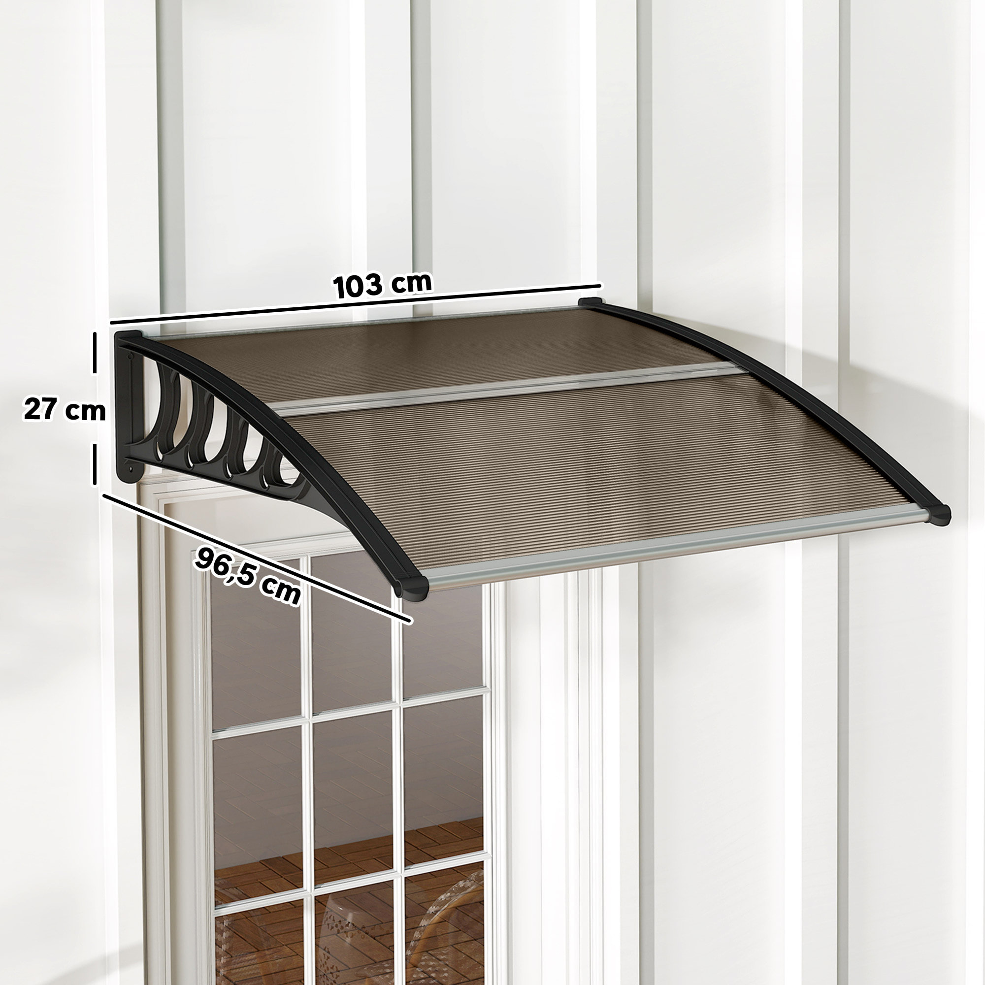 Auvent marquise de porte design voûté arrondi dim. 103x96x27cm alu polycarbonate fumé plastique noir