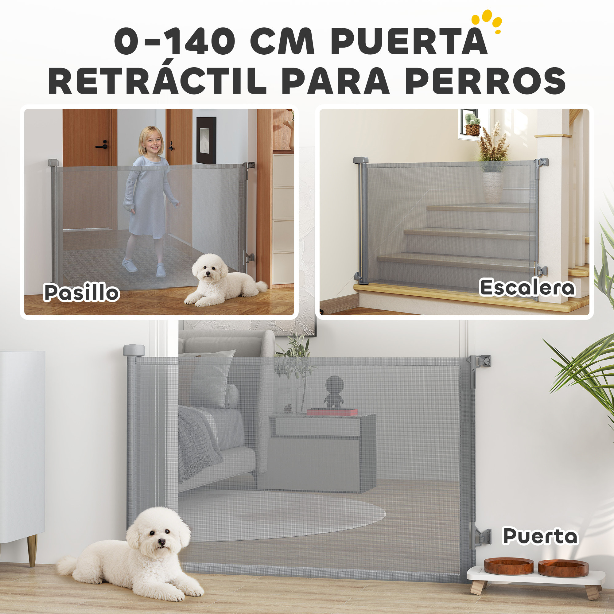 Barrera de Seguridad para Perros Retráctil, Extensible hasta 140 cm de Ancho y 93 cm de Alto, para Escaleras y Puertas, Valla para Perros Pequeños y Medianos, Uso con Una Sola Mano, Gris