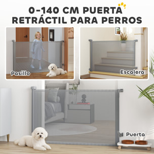 Barrera de Seguridad para Perros Retráctil, Extensible hasta 140 cm de Ancho y 93 cm de Alto, para Escaleras y Puertas, Valla para Perros Pequeños y Medianos, Uso con Una Sola Mano, Gris