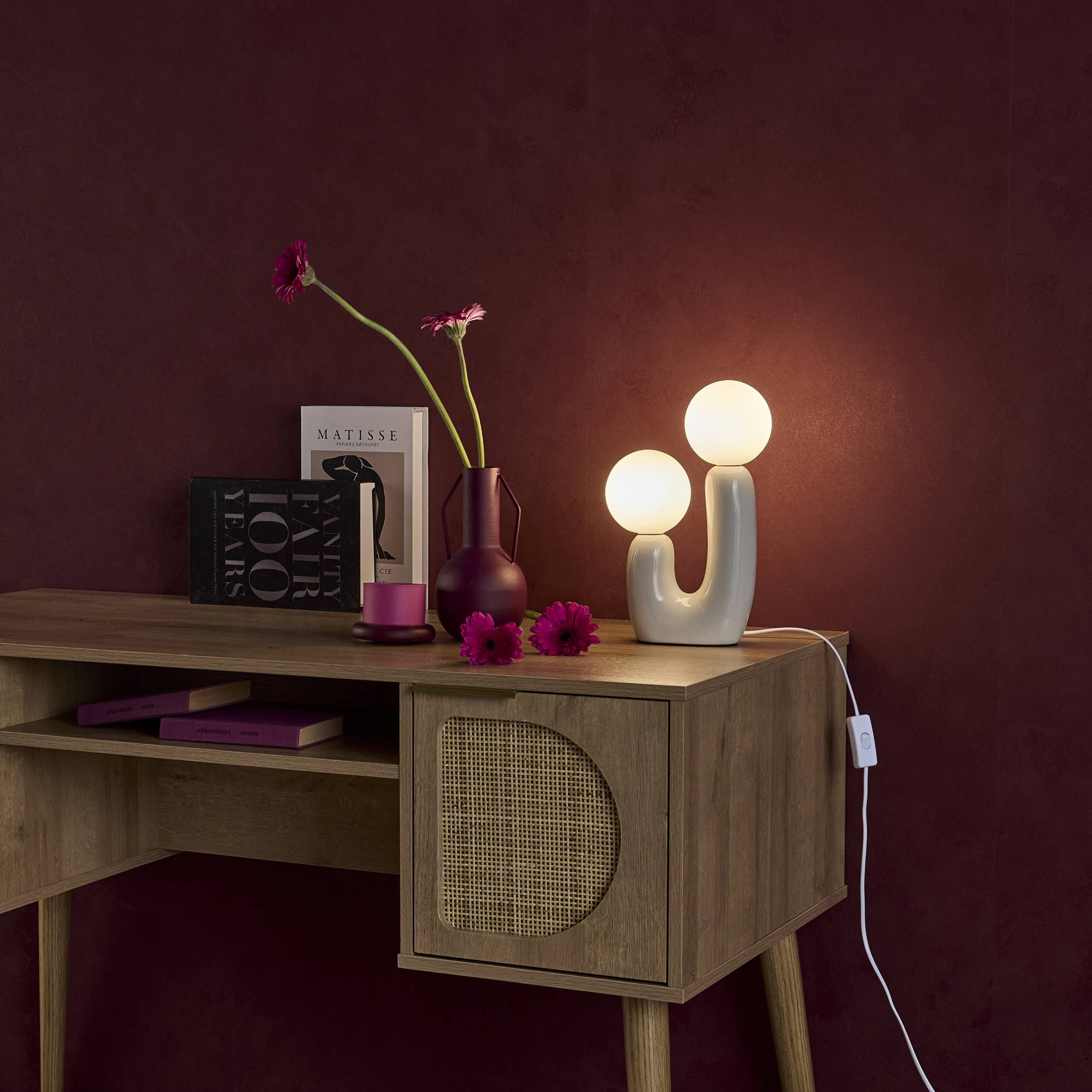 Lampe de table organique céramique beige et verre blanc H 31cm - Deva