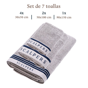 Juego de 7 toallas (4 de tocador 30x50cm + 2 de manos 50x100cm + 1 de baño 90x150cm) 100% algodón gris 550gsm scalpers home