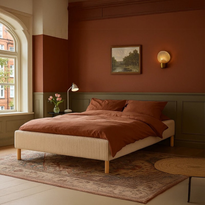 Lit Cancun | Cadre à lattes | Robustesse et confort | Montage simple rapide | Velours Côtelé | Beige