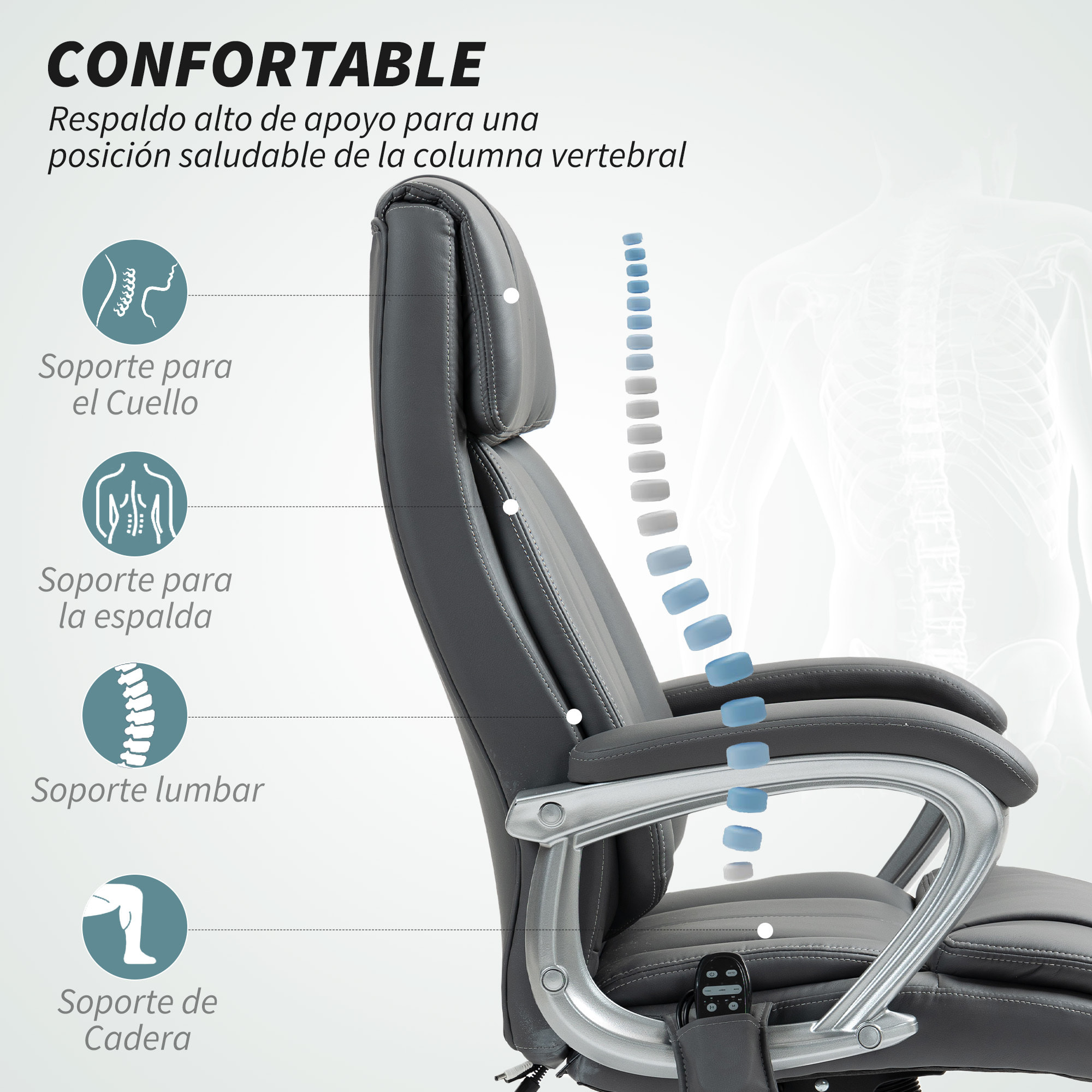 Silla de Oficina con Masaje de 6 Puntos Silla de Escritorio Giratoria con Función de Calefacción Altura Ajustable y Función de Basculante Mando a Distancia para Estudio Gris Oscuro