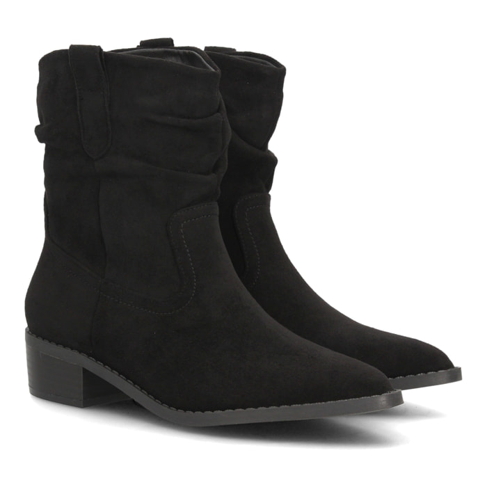 Botines western fruncidos de tacón bajo para mujer