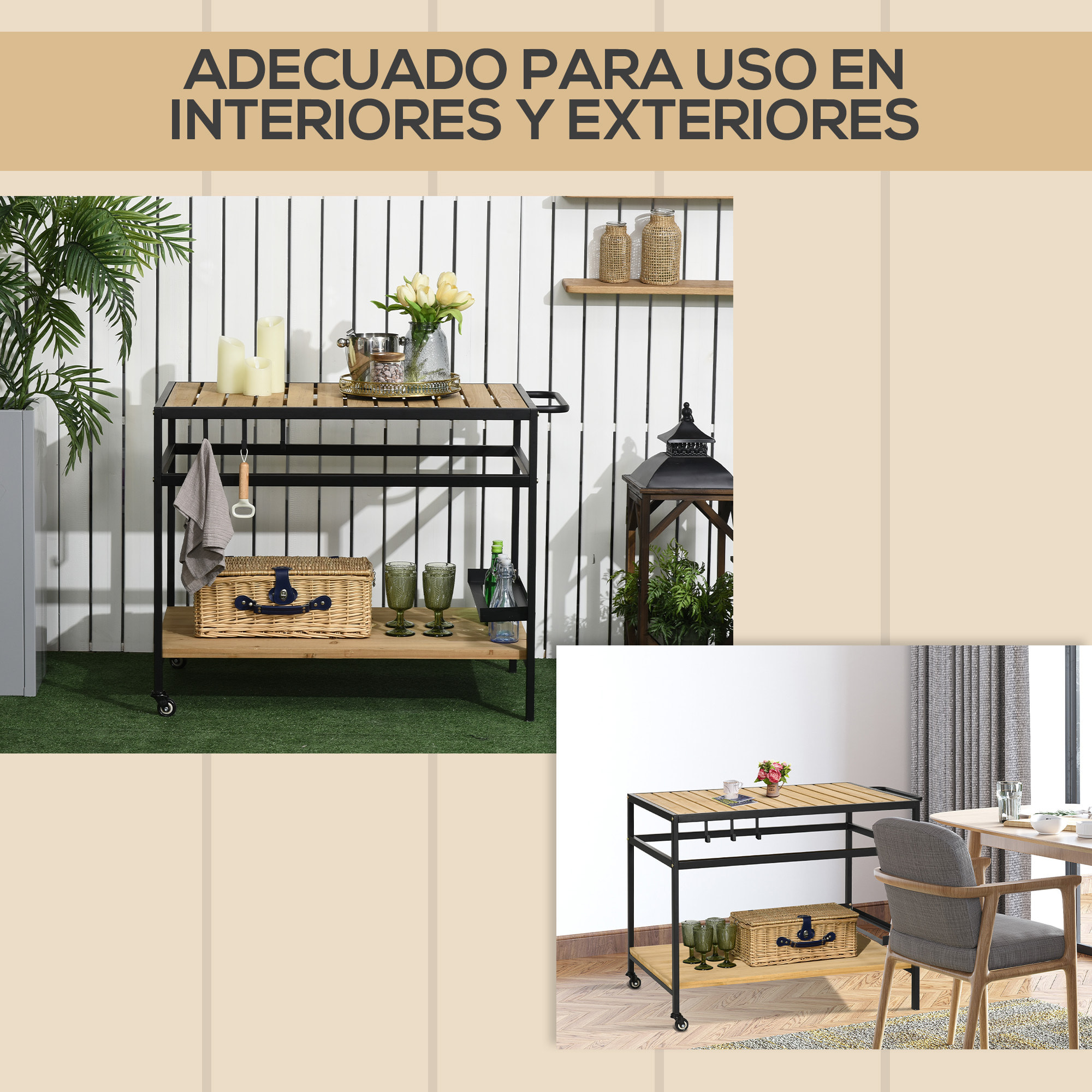 Camarera con Ruedas de Madera Carro de Servicio con Encimera de Listones 2 Estantes 3 Ganchos y Asa para Jardín Terraza Patio 107x65x80 cm Natural
