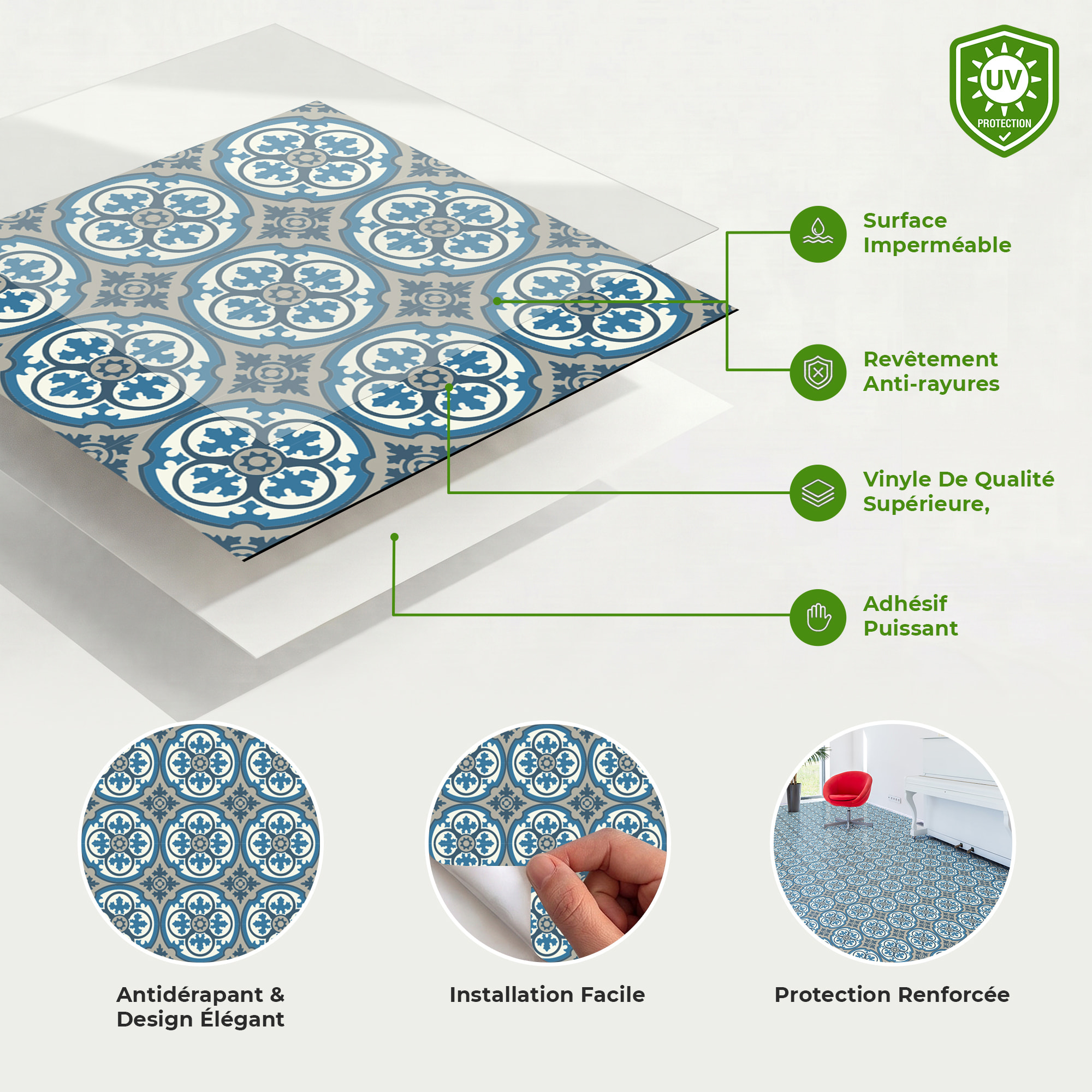 Sticker Sol avec laminat de Protection en Plastique Anti-dérapant | Stickers adhésif Sol - CARRELAGES SOL GALINA - 1 sticker