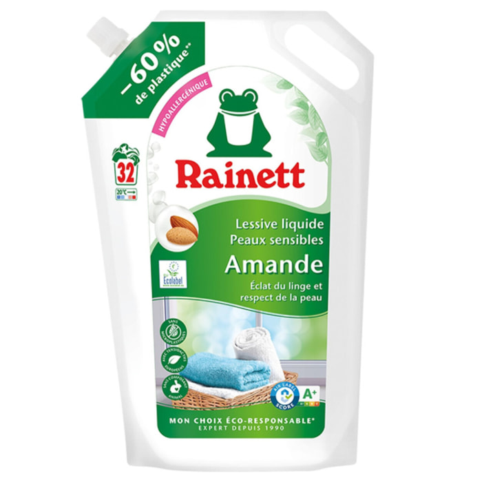 Pack de 5 - Rainett - Lessive Liquide Peaux Sensibles Ecolabel Amande 1,6l - Recharge 32 lavages