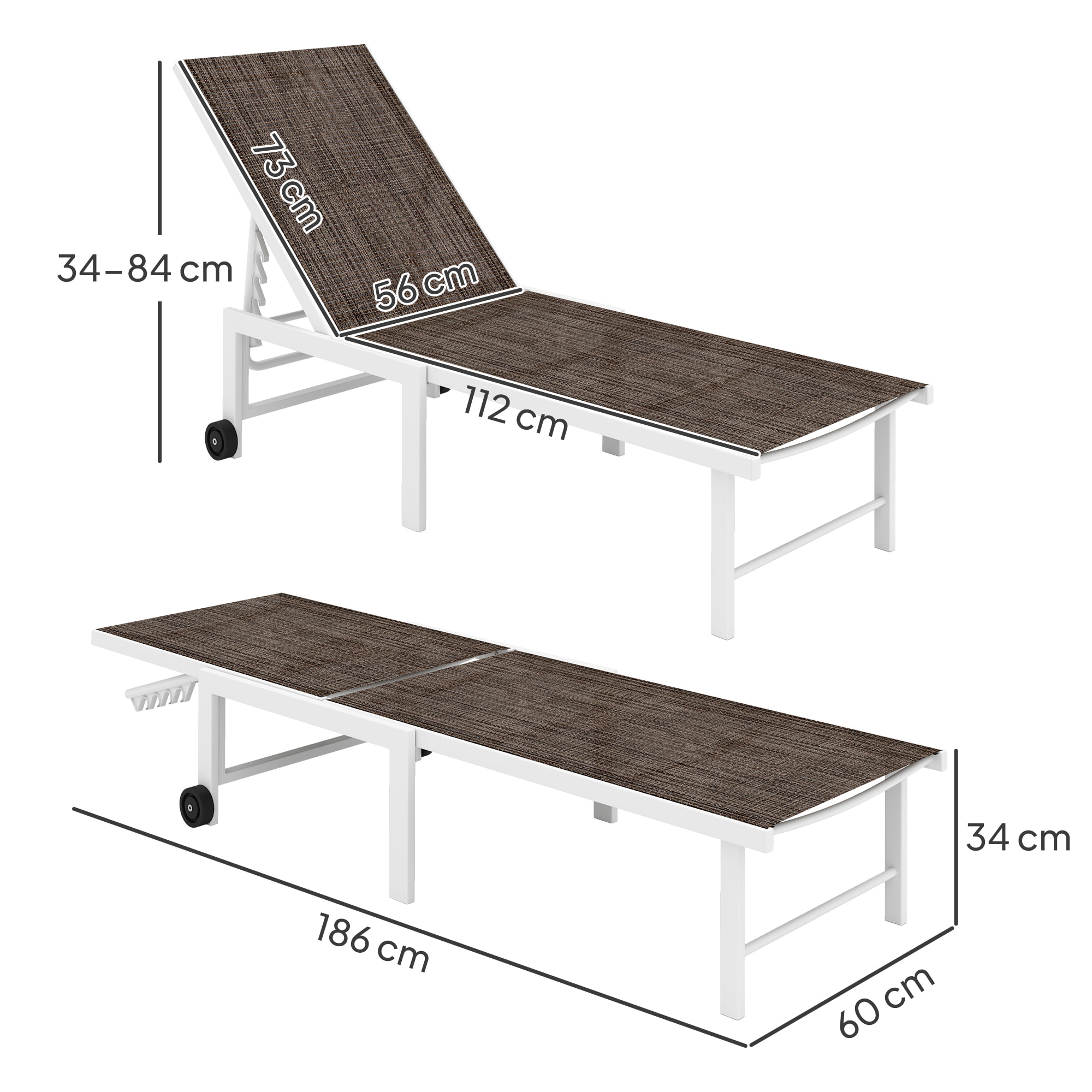 Tumbona Reclinable Tumbona Jardín Exterior con Ruedas Respaldo Ajustable en 5 Niveles y Estructura de Acero Carga 120 kg para Patio Terraza Balcón 166x60x84 cm Marrón