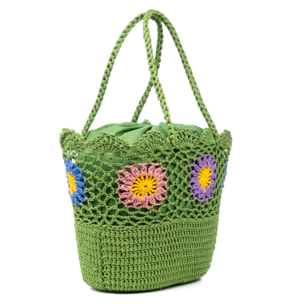 Villaga borsa a spalla donna. Realizzata in cotone, con fiori decorativi.