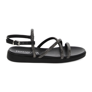Sandalias bajas negras de tela con piedras
