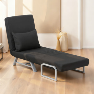 Fauteuil chauffeuse canapé-lit convertible inclinable 1 place grand confort coussin lombaires accoudoirs piètement métal lin noir