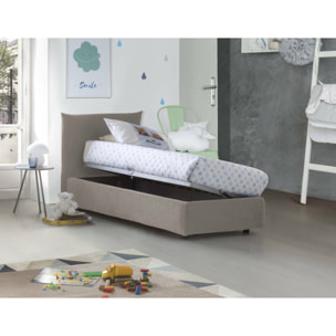 Letto singolo Cosetta, Letto contenitore con rivestimento in tessuto, 100% Made in Italy, Apertura laterale, con materasso Cm 80x190 incluso, Tortora