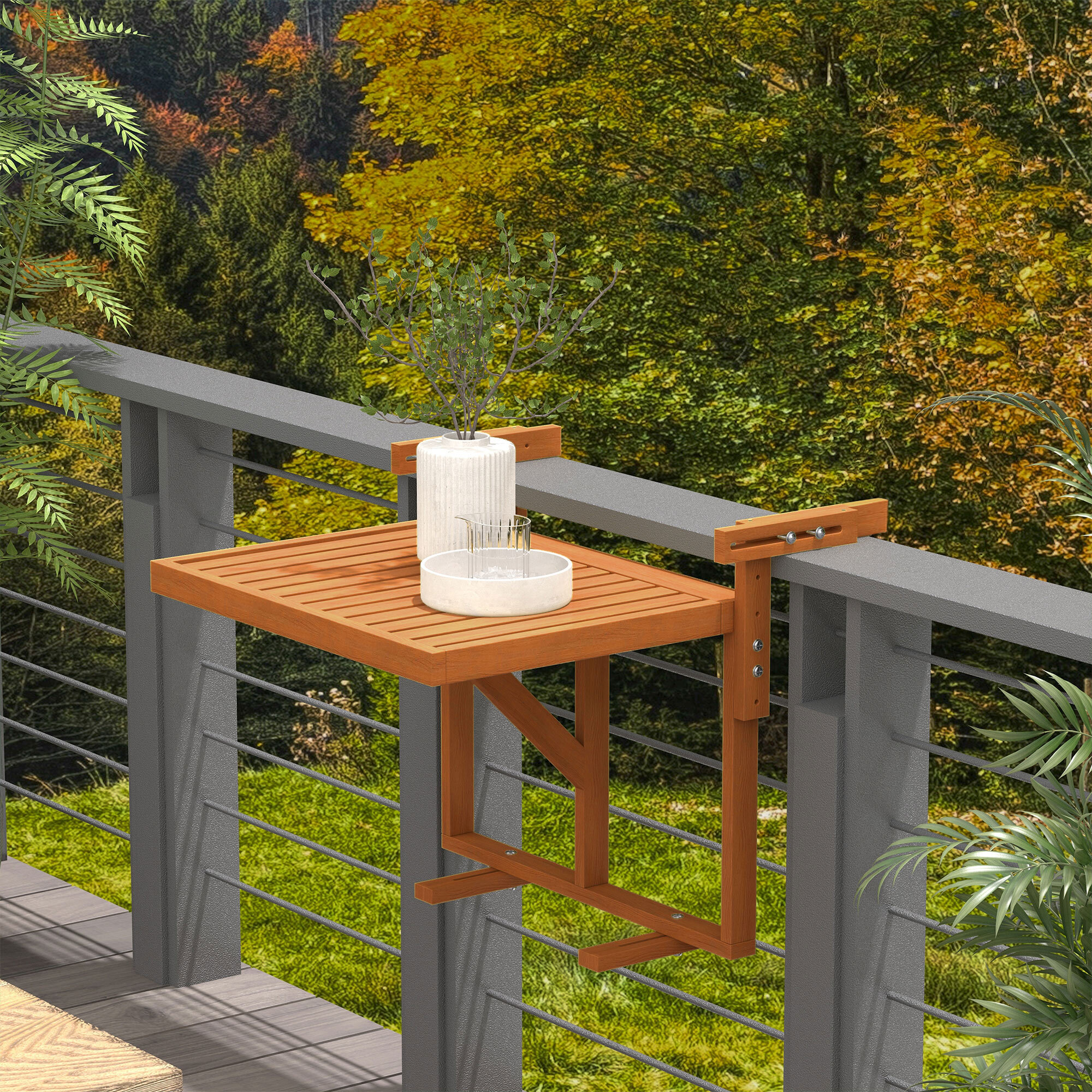 Outsunny Mesa Colgante de Balcón Mesa para Balcón Plegable de Madera con Altura Ajustable en 4 Niveles Carga 20 kg para Terraza 68x65x40,5-55 cm Madera Natural