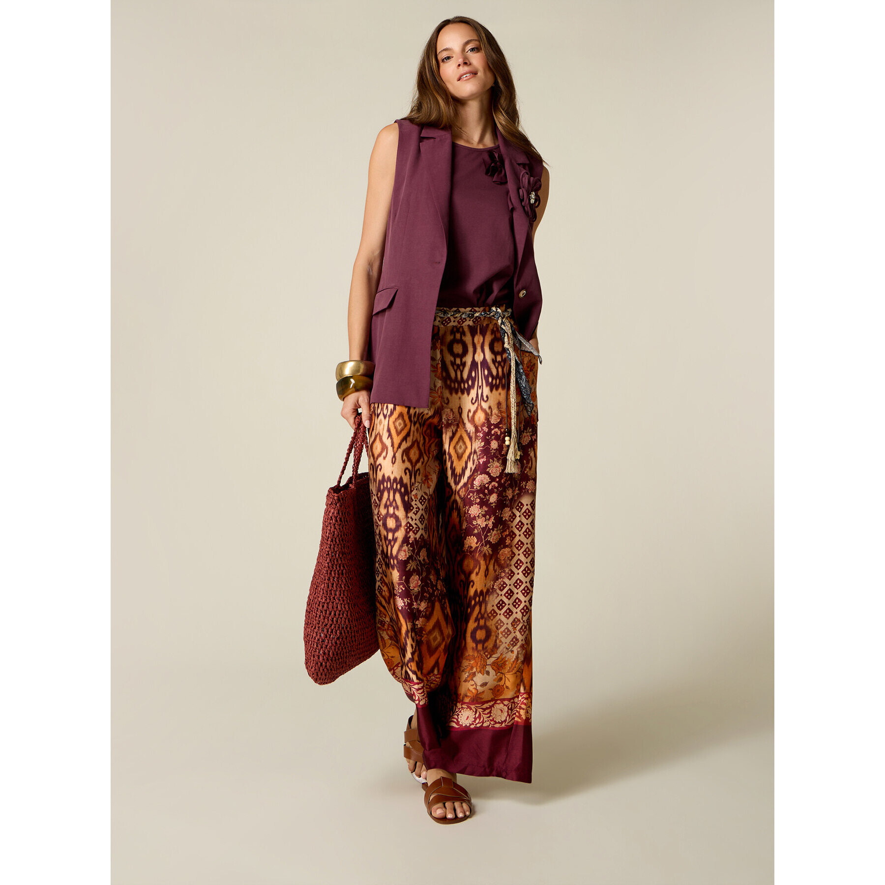 Oltre - Pantaloni palazzo in raso fantasia - Bordeaux