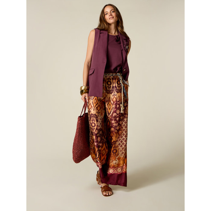 Oltre - Pantaloni palazzo in raso fantasia - Bordeaux